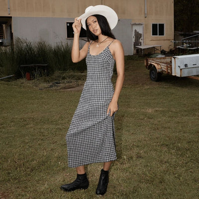 Afends Womens Asta Rumi Hemp Seersucker Check Dress - Steel Check