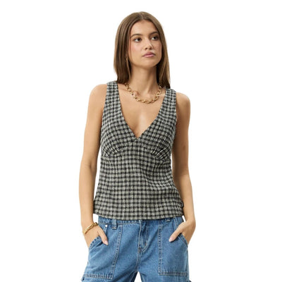 Afends Womens Asta Hemp Seersucker Check Top - Steel Check
