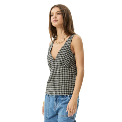 Afends Womens Asta Hemp Seersucker Check Top - Steel Check