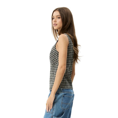 Afends Womens Asta Hemp Seersucker Check Top - Steel Check