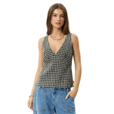 Afends Womens Asta Hemp Seersucker Check Top - Steel Check