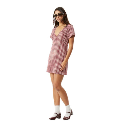 Afends Womens Base Hemp Seersucker Mini Dress - Burgundy Check