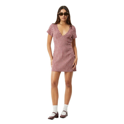 Afends Womens Base Hemp Seersucker Mini Dress - Burgundy Check
