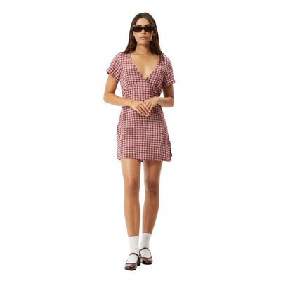 Afends Womens Base Hemp Seersucker Mini Dress - Burgundy Check