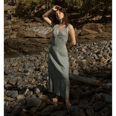 Afends Womens Base Seersucker Maxi Dress - Deep Green Check