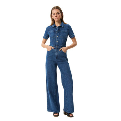 Afends Womens Miami Hemp Denim Flared Jumpsuit - Authentic Blue