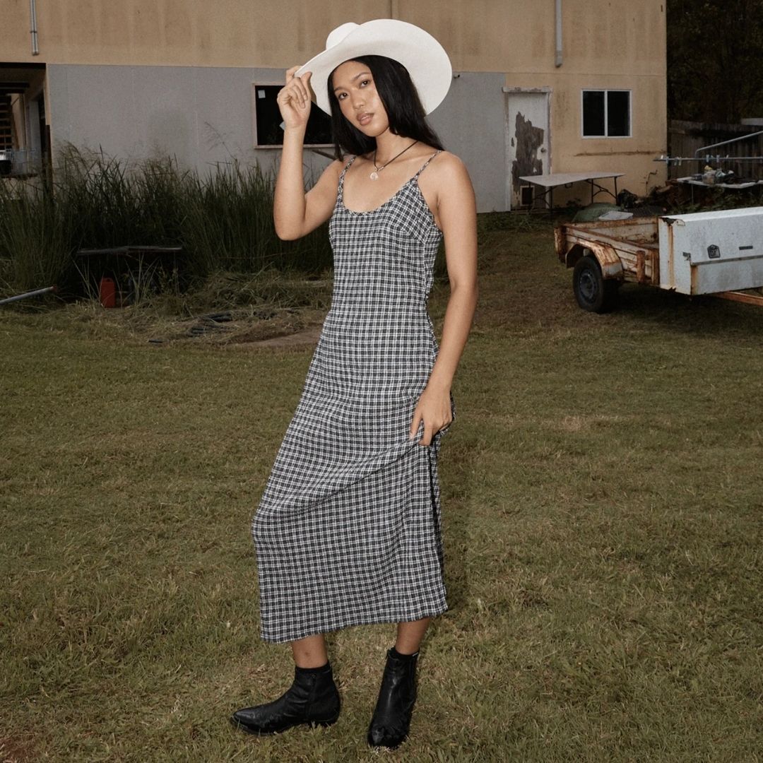 Afends Womens Asta Rumi Hemp Seersucker Check Dress - Steel Check