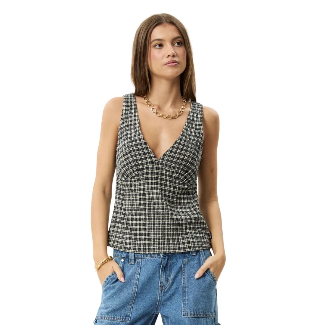 Afends Womens Asta Hemp Seersucker Check Top - Steel Check