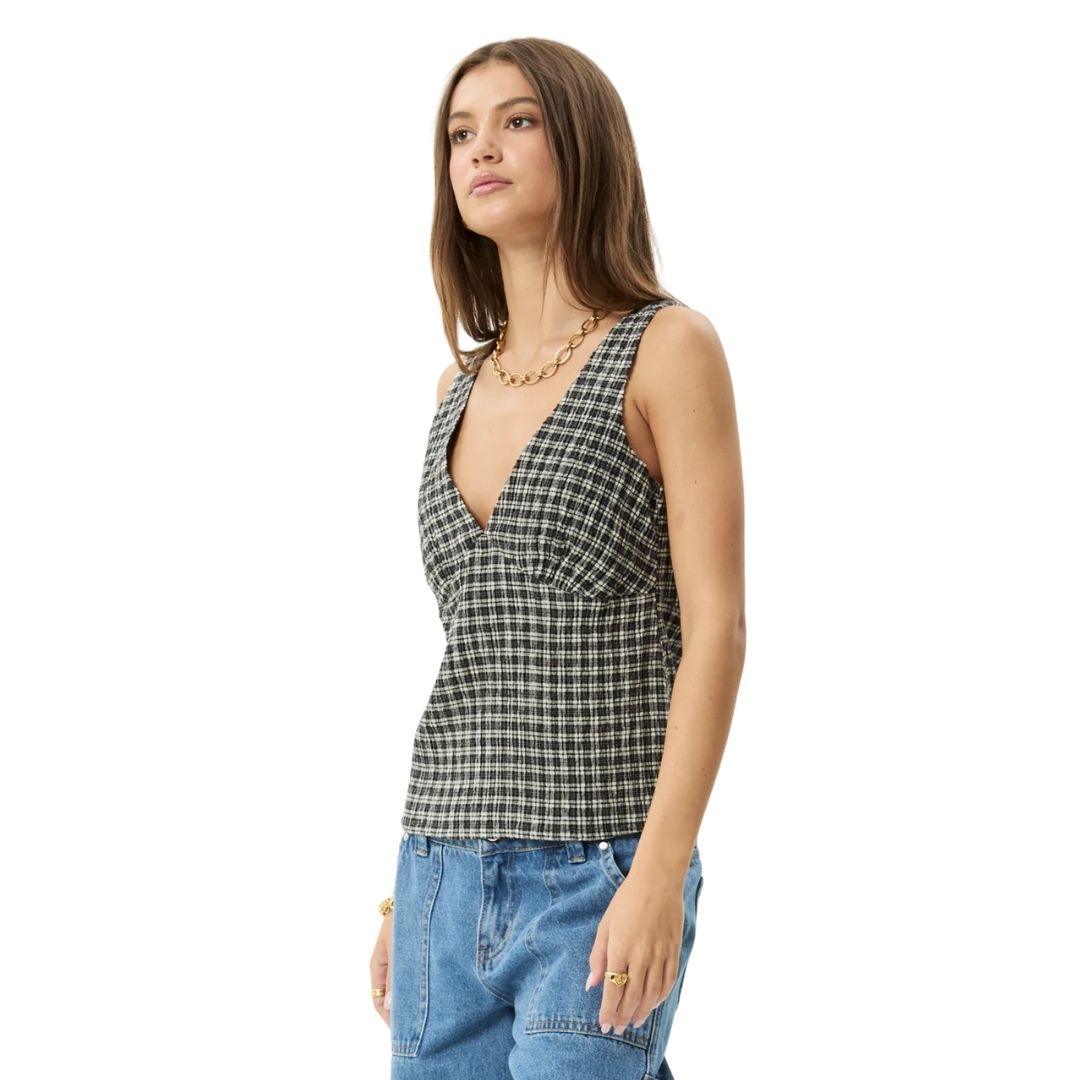 Afends Womens Asta Hemp Seersucker Check Top - Steel Check