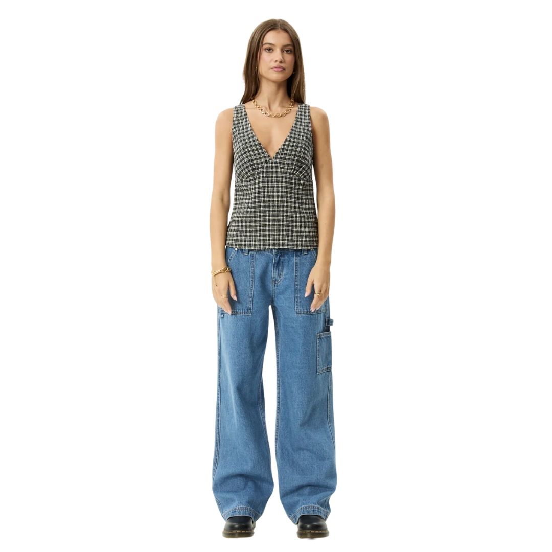 Afends Womens Asta Hemp Seersucker Check Top - Steel Check