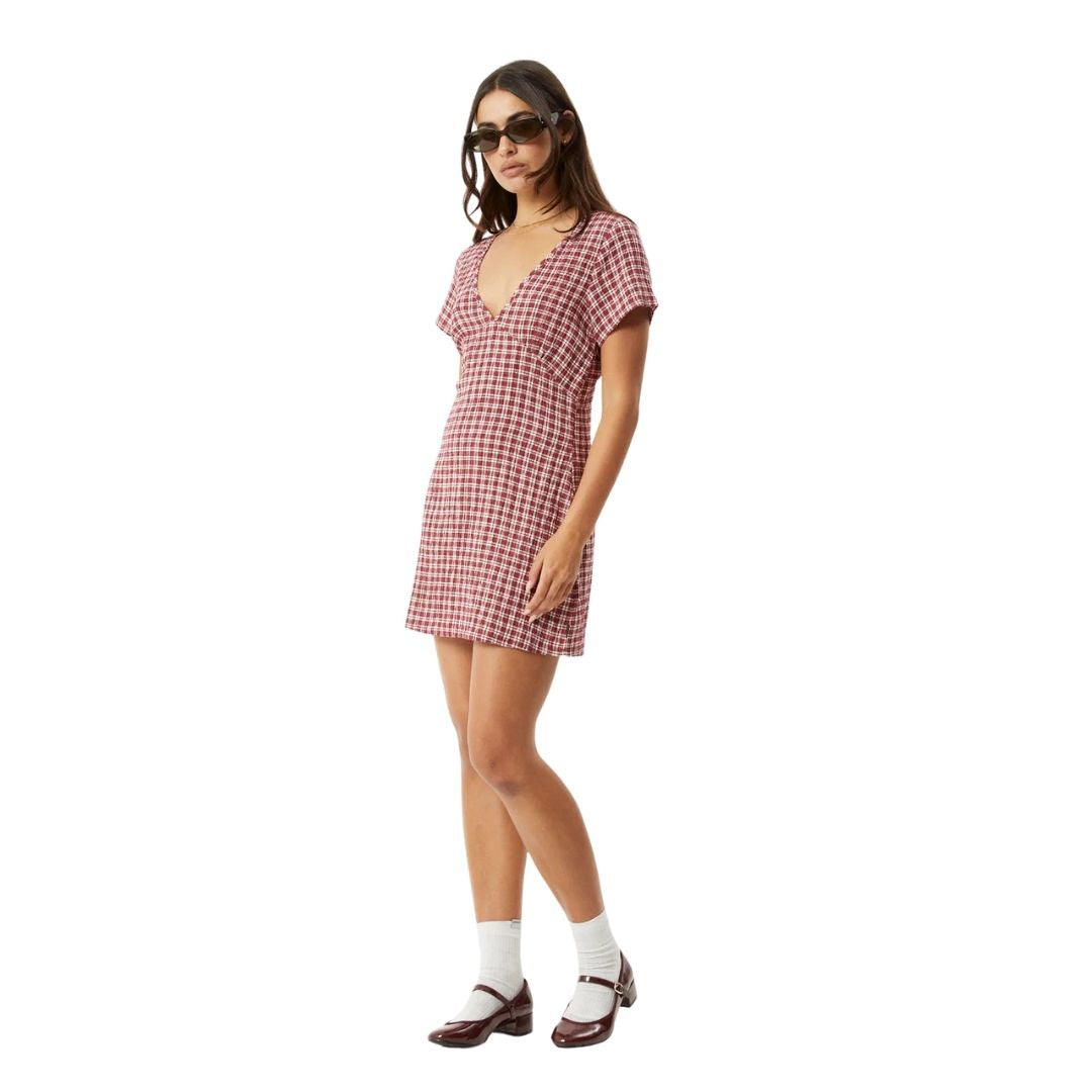 Afends Womens Base Hemp Seersucker Mini Dress - Burgundy Check