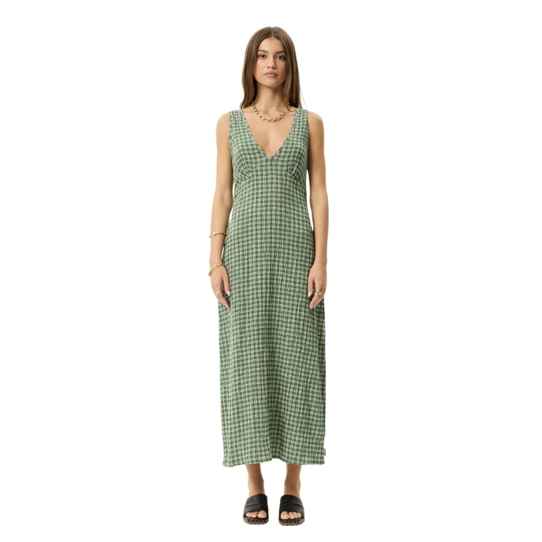 Afends Womens Base Seersucker Maxi Dress - Deep Green Check