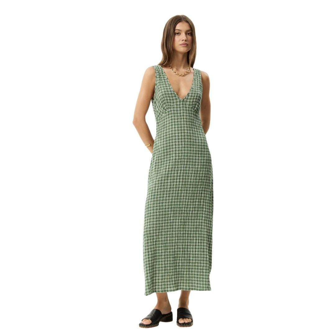Afends Womens Base Seersucker Maxi Dress - Deep Green Check