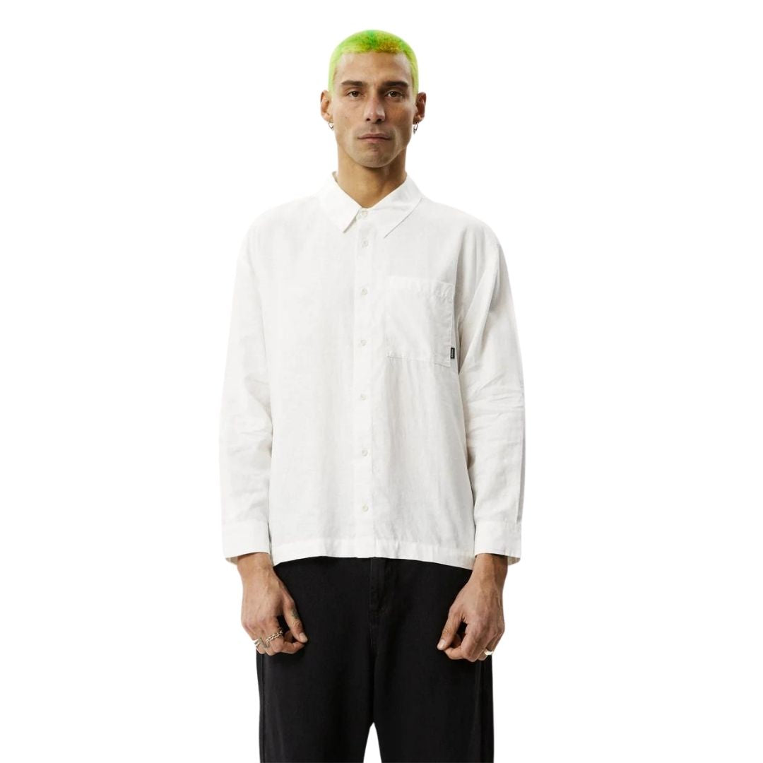 Afends Mens Critical Hemp Cuban Long Sleeve Shirt - White