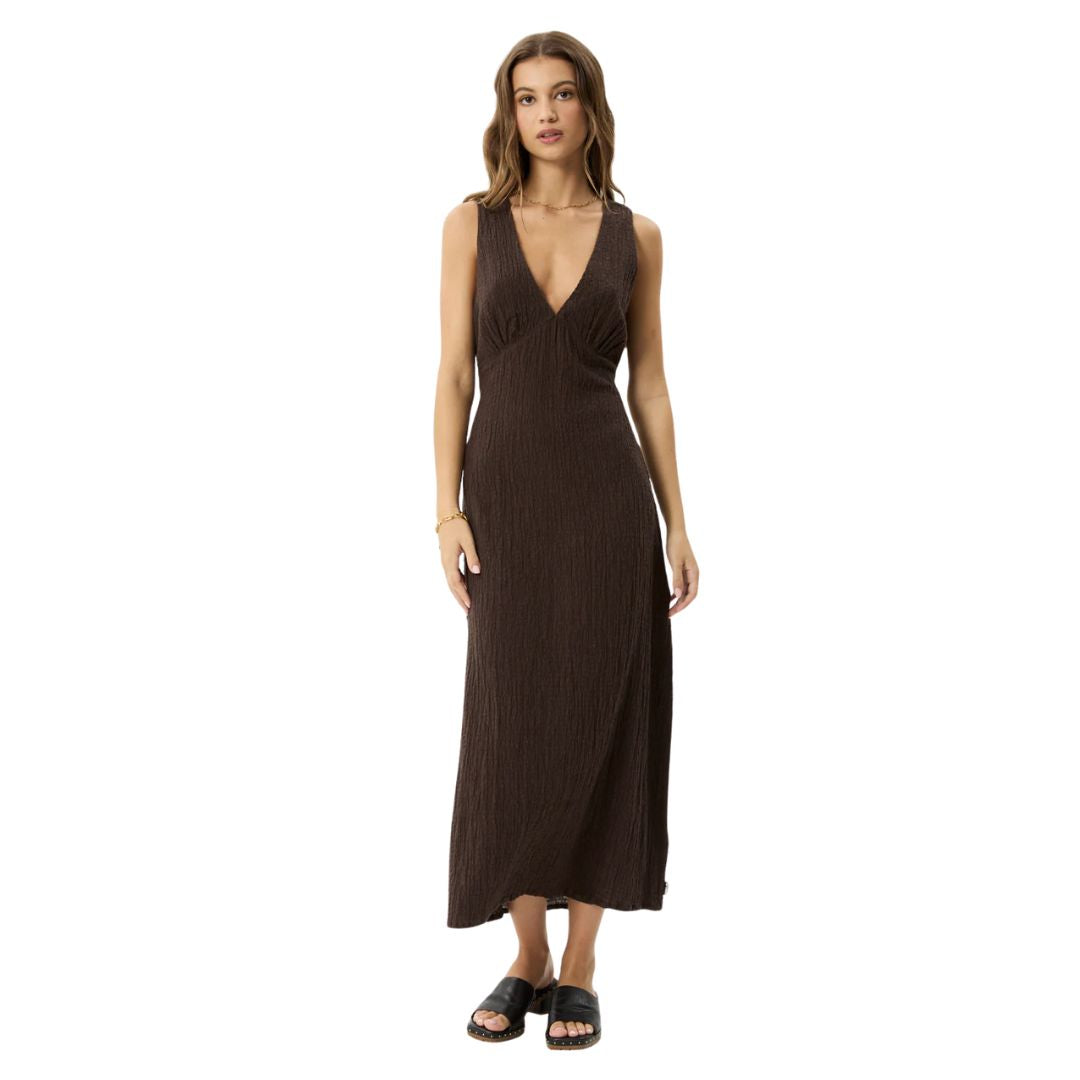 Afends Womens Focus Hemp Seersucker Maxi Dress - Coffee