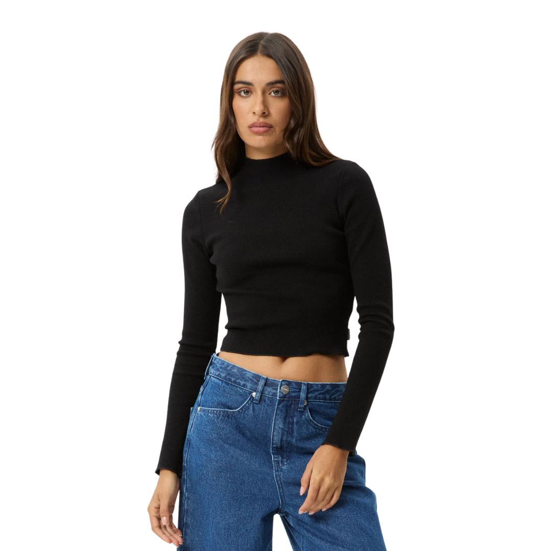 Afends Womens Iconic Hemp Rib Long Sleeve Top - Black