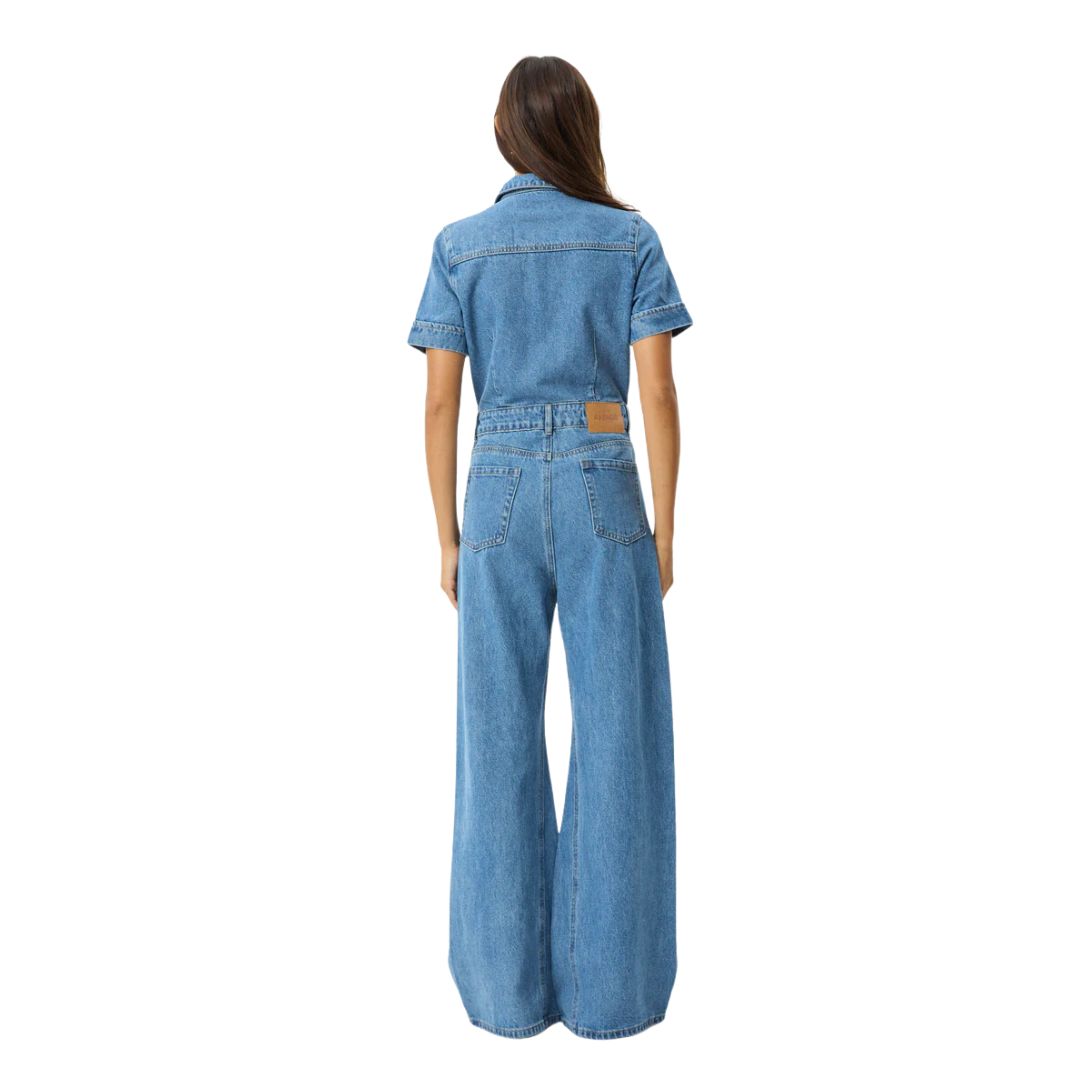 Womens Miami Hemp Denim Flared Jumpsuit - Worn Blue