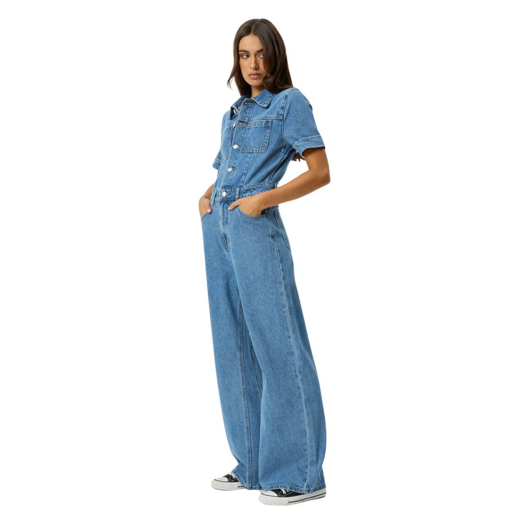 Womens Miami Hemp Denim Flared Jumpsuit - Worn Blue