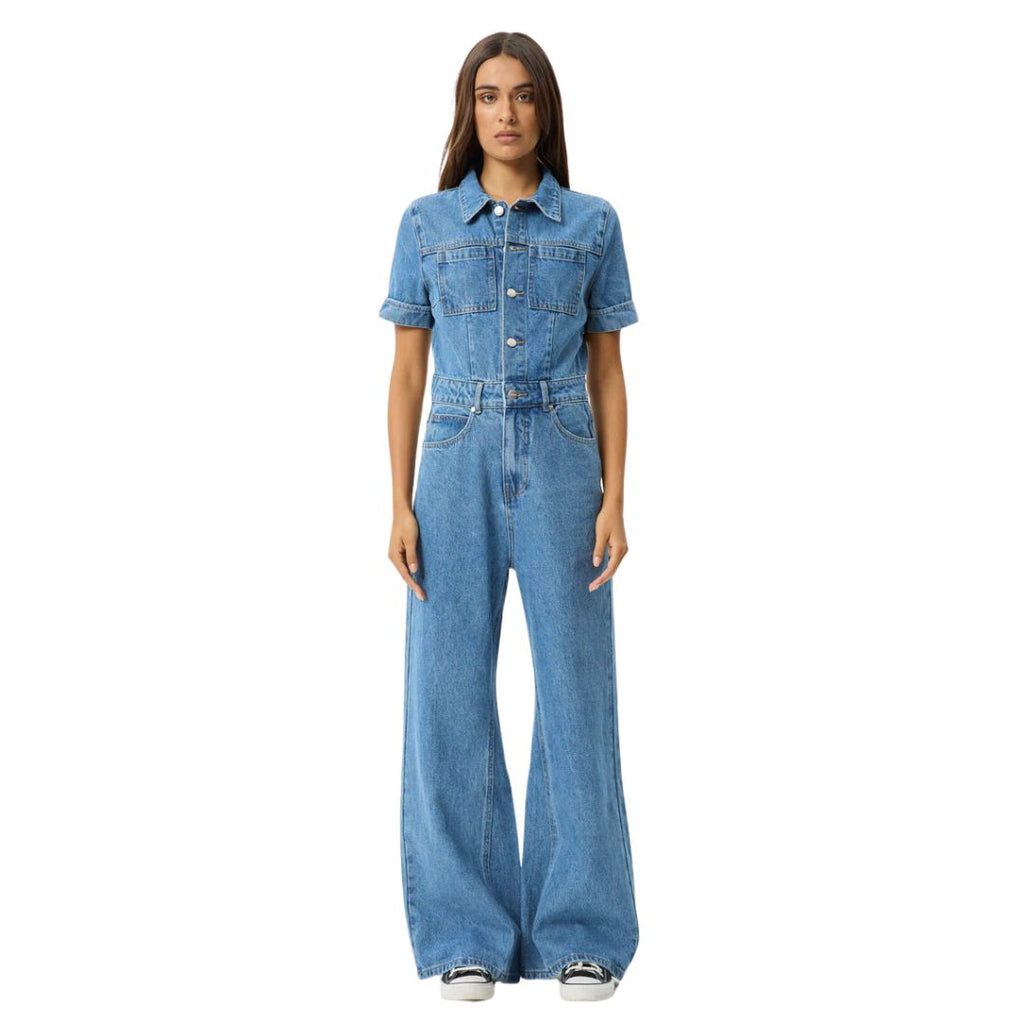 Womens Miami Hemp Denim Flared Jumpsuit - Worn Blue