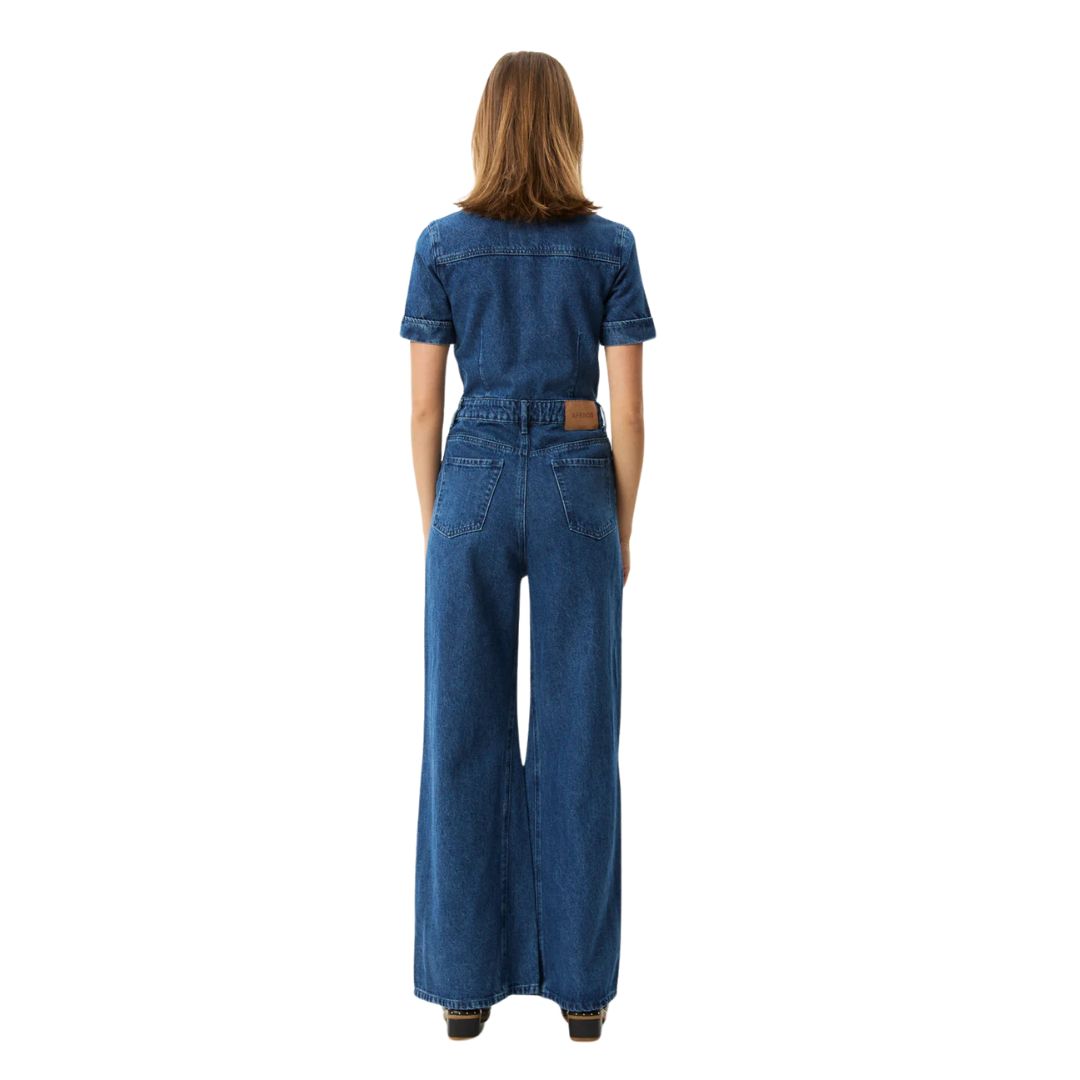 Afends Womens Miami Hemp Denim Flared Jumpsuit - Authentic Blue