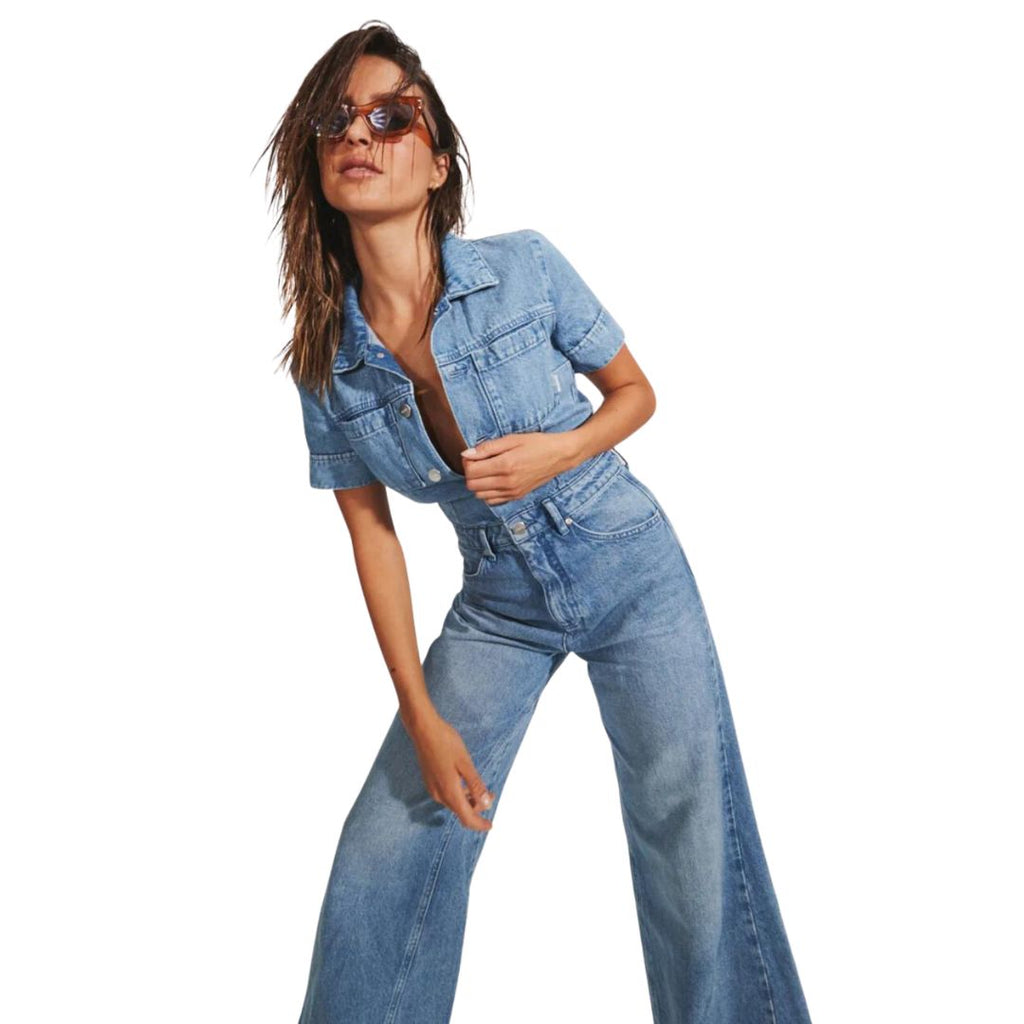 Womens Miami Hemp Denim Flared Jumpsuit - Worn Blue