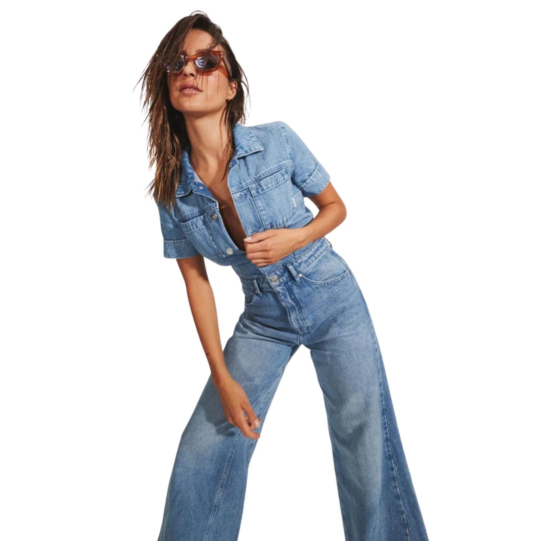 Womens Miami Hemp Denim Flared Jumpsuit - Worn Blue