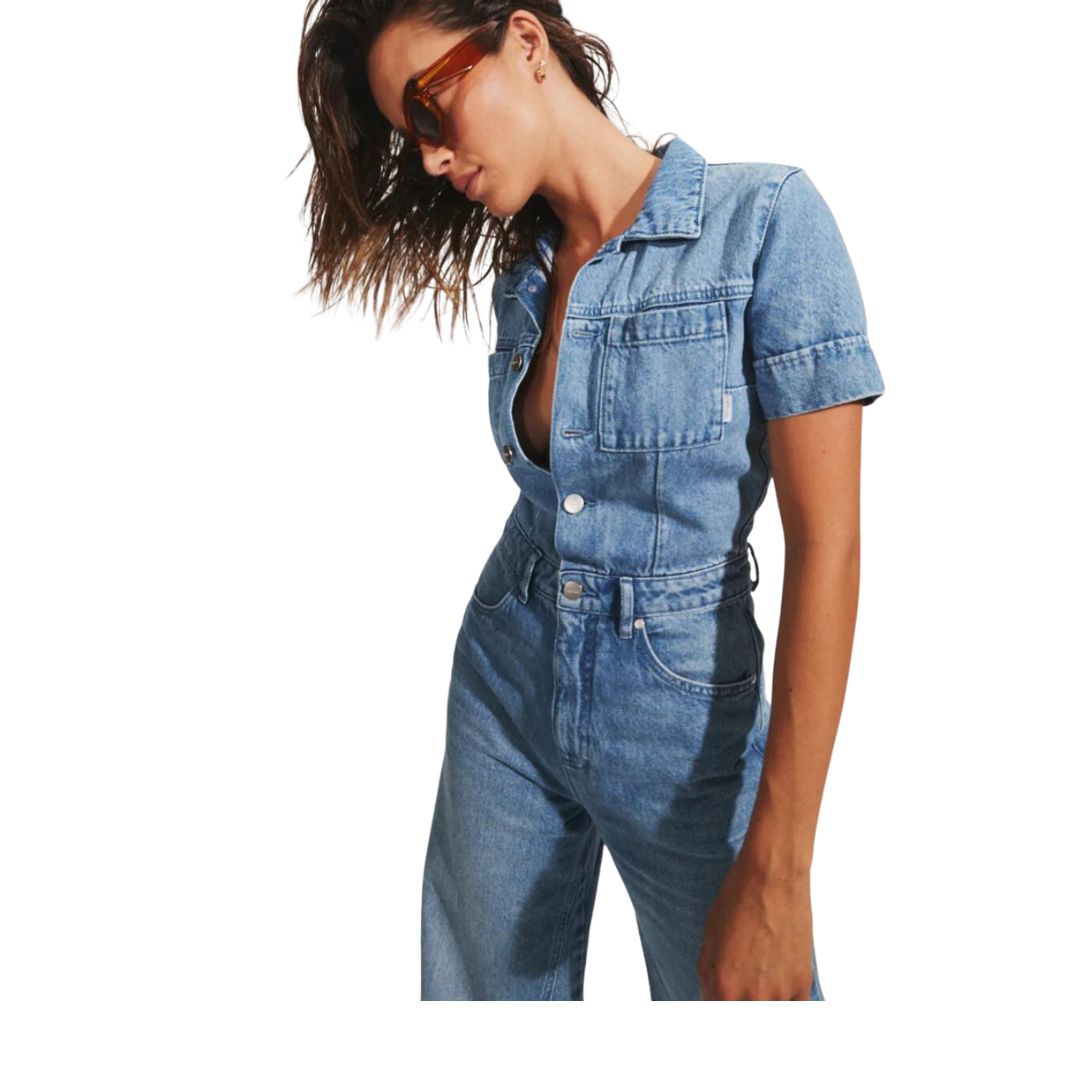 Womens Miami Hemp Denim Flared Jumpsuit - Worn Blue