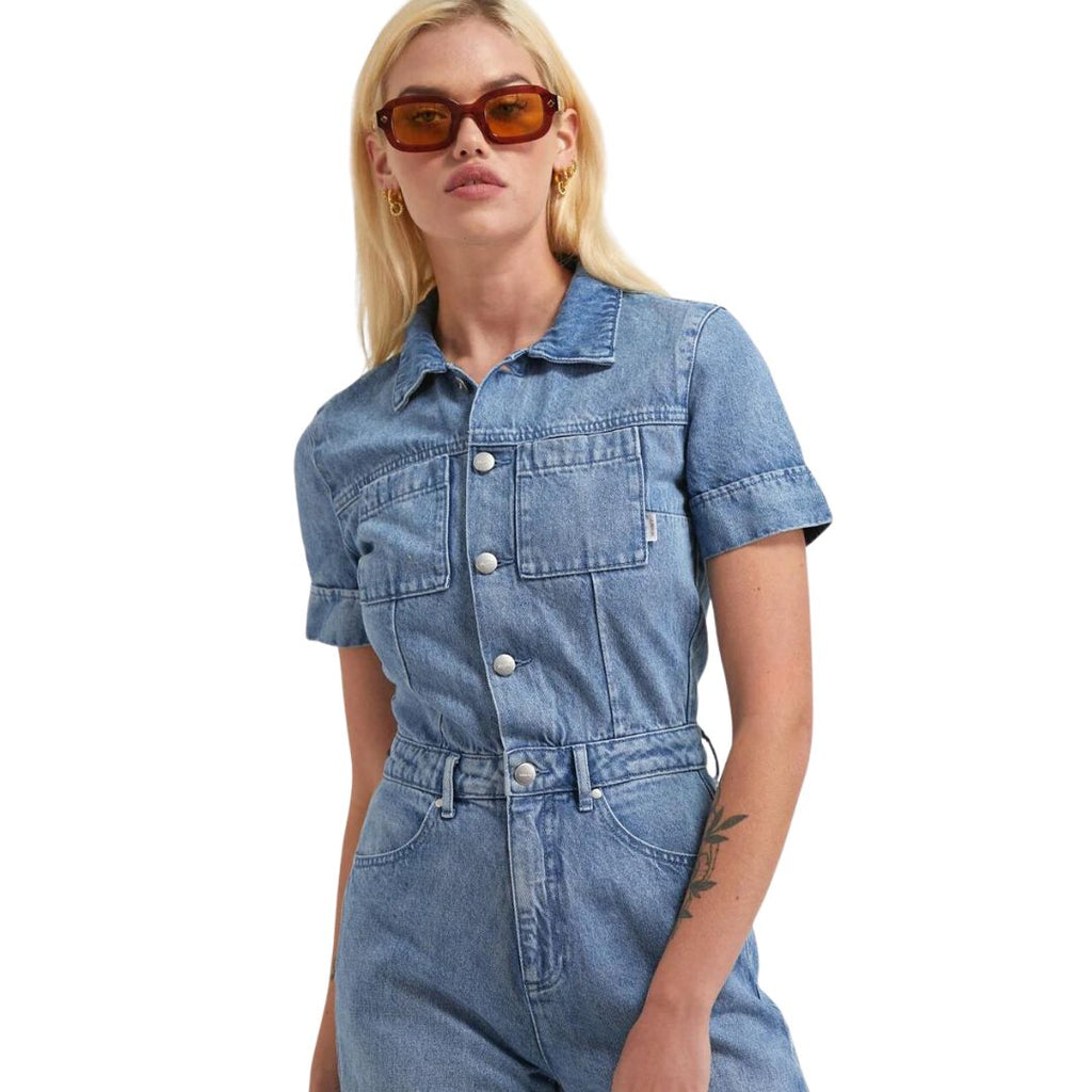 Womens Miami Hemp Denim Flared Jumpsuit - Worn Blue