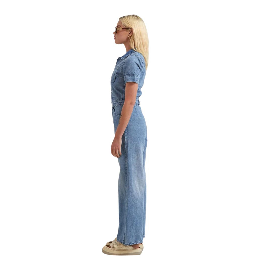 Womens Miami Hemp Denim Flared Jumpsuit - Worn Blue