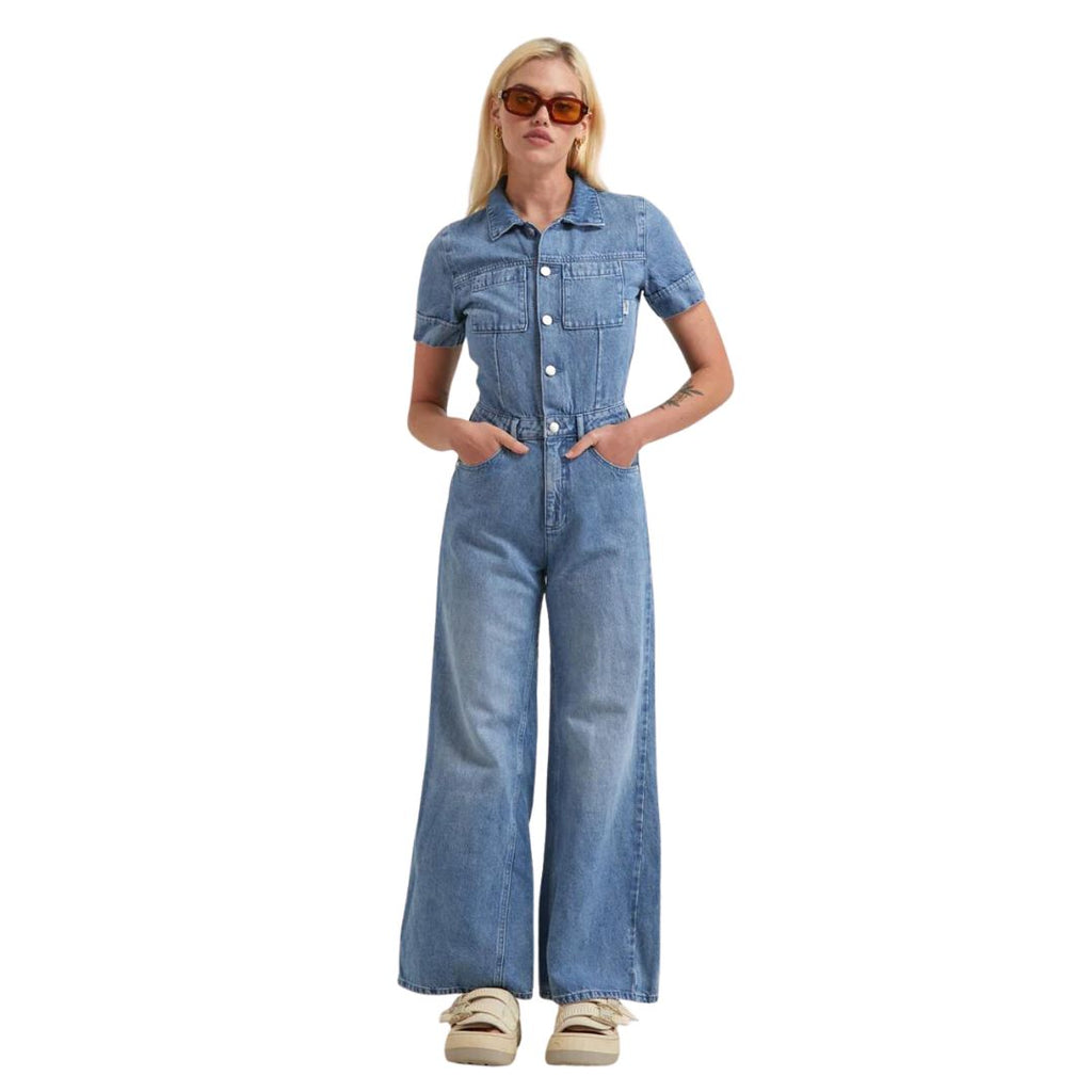 Womens Miami Hemp Denim Flared Jumpsuit - Worn Blue