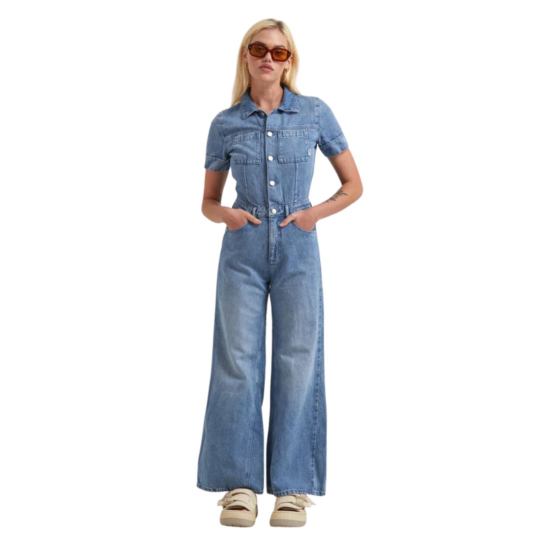 Womens Miami Hemp Denim Flared Jumpsuit - Worn Blue