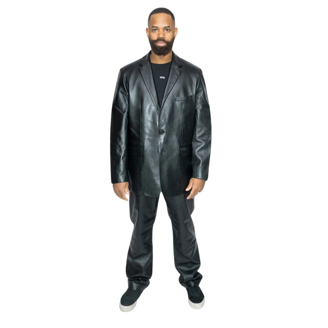 Cotiere Oversized Leather Suit Jacket - Black