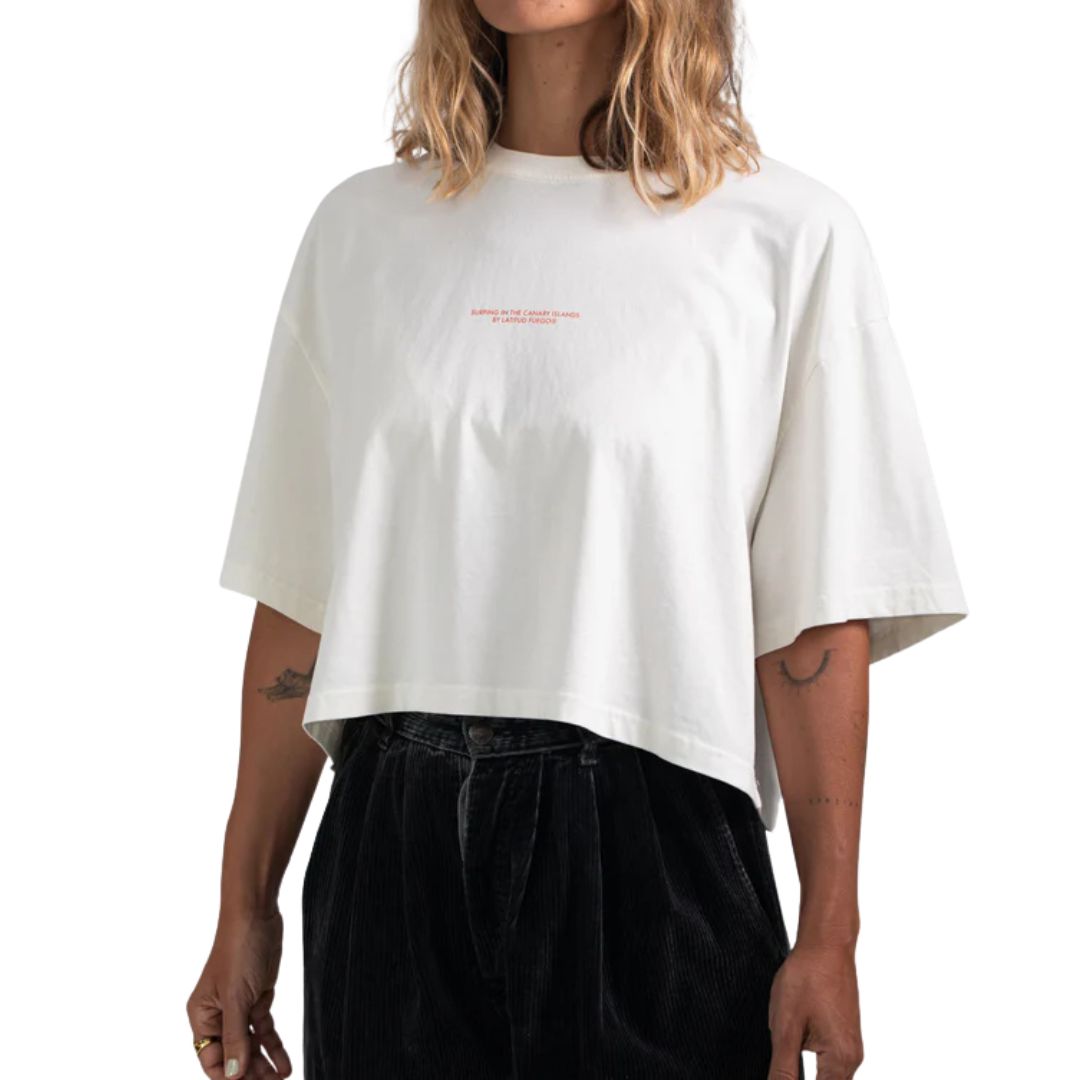 Latitud Fuego Womens Platanos Cropped T-Shirt Ecru — worn view