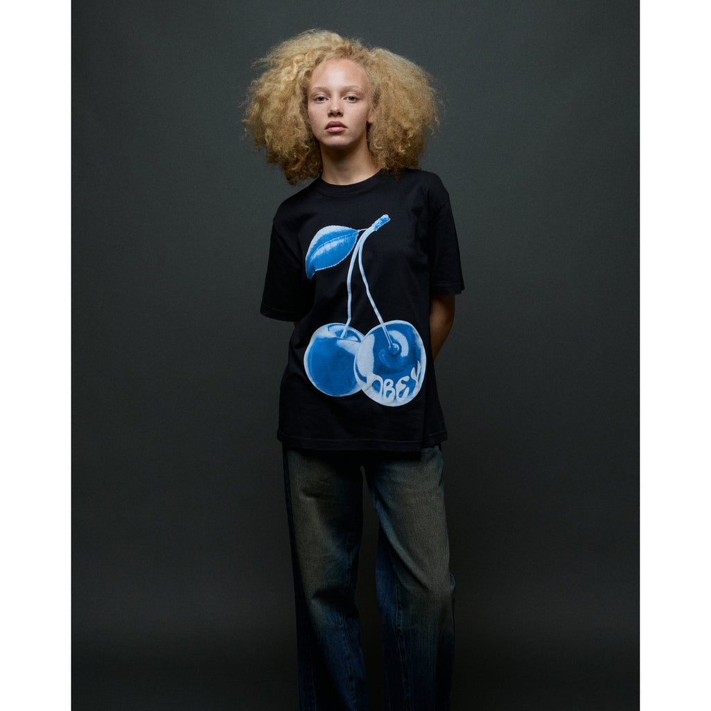 Obey Women's Blue Cherry T-Shirt Digital Black - back
