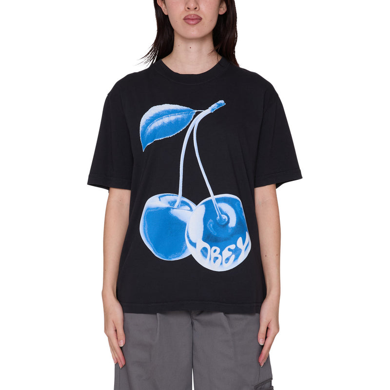 Obey Women's Blue Cherry T-Shirt Digital Black - front
